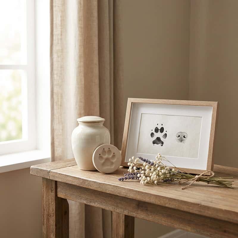 Pet memorial keepsakes including framed ink paw print, clay paw print, and urn arranged on a table